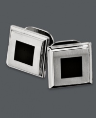 The perfect gift for all your best men. Set includes four pairs of polished cuff links. Crafted in stainless steel with a square-shaped black enamel accent. Surface coated with a scratch-resistant clear finish. Approximate diameter: 3/8 inch.