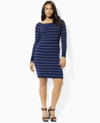 A ribbed cotton dress is made into a casual wardrobe staple with a chic boatneck and raglan sleeves in this plus size look from Lauren by Ralph Lauren.