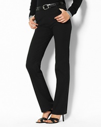 Lauren by Ralph Lauren Caitlin bi-stretch twill pants. Substantial cotton twill and a straight leg lend easy refinement to a classic pant. Designed with a hint of stretch for a sleek, tailored silhouette. Standard-rise belted waist, zip fly with signature button closure. Welt pockets at the hips and single welt pocket at the back. 29 inseam.