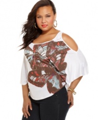 Let your style soar this season with Baby Phat's cold-shoulder plus size top, highlighted by a butterfly print.