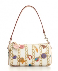 Lighthearted and charming, this mini barrel purse from Dooney & Bourke features a bracelet print with whimsical trinkets.