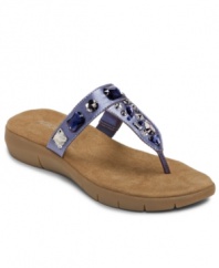 Spice up your strut with the Wip Over sandals by Aerosoles. Glamorous jewel-like rhinestones top the wide straps of these cushy, padded thong sandals.