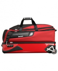 In a race of its own-Tumi and Ducati partner to change the face of travel with this sleek and innovative design. Life on the fast track demands sophisticated, innovative and bold solutions, which this fully-stocked duffel puts on the map. Ready for any adventure with a split construction that lets you separate your belongings and a rolling construction that follows your lead. 5-year warranty.