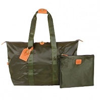 Bric's 18 X'bag duffel, a stylish, lightweight, collapsible nylon tote with vegetable tanned leather trim. Great for travel and shopping. Folds into small pouch for easy packing. Polyester lined.