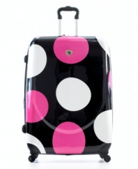 Easy to spot. Always spot on. This spunky, polka-dotted suitcase from Landor and Hawa offers high-impact hardside protection with the unique added convenience of an expandable main compartment. Getting around is a breeze too, aided by four multi-directional wheels that let you roll upright in every direction. Five-year limited warranty.