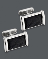 Poised and elegant. This sophisticated pair of men's cuff links presents a rectangular shape in sterling silver with a genuine black alligator print inlay. Approximate size: 5/8 inch x 1/2 inch.