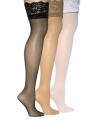 Wrap your legs in romance. Silky smooth thigh-highs by Berkshire feature a stay-in-place lace top.
