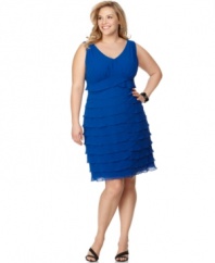 Sheer, crisscrossing tiers of chiffon through the skirt of this plus size Jones New York dress make an elegant and flattering silhouette. A perfect dress for a wedding guest or a formal party! (Clearance)
