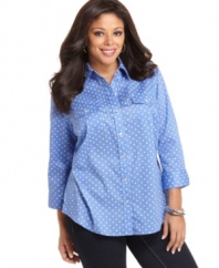 A darling polka dot print highlights Karen Scott's three-quarter sleeve plus size shirt-- dress it up with trousers or down with denim.