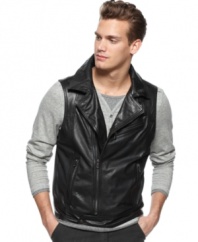 Rock a slick downtown look with this moto-inspired leather zip-up vest from Calvin Klein.