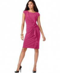 Step out in style with this flirty Jones New York dress featuring crafted rosettes and a cascading draped ruffle.