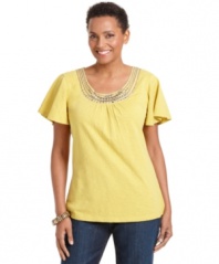 A neckline bedecked with beading and sequins makes this petite top by JM Collection a versatile tee that transitions from day to night with the right accessories!