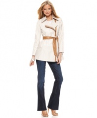 An asymmetrical zipper and faux-leather trim elevates this Via Spiga trench coat for modern spring style!