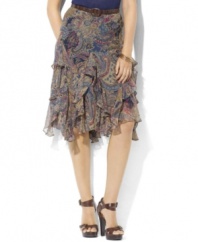 A bold paisley print lends earthy elegance to the breezy petite skirt from Lauren by Ralph Lauren, crafted in airy crinkled silk georgette with a romantic froth of ruffles for a flirty, feminine silhouette.