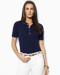 Designed for a trim, body-skimming fit in soft finely ribbed cotton, the iconic polo shirt receives a chic update with gleaming silver-tone metal buttons.