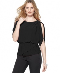 T Tahari's petite blouson top features a flattering silhouette and a dash of drama with split sleeves from shoulder to elbow.