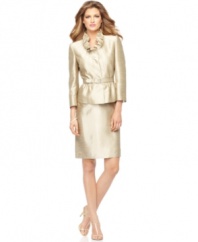 Tahari by ASL's skirt suit features a sumptuous shantung texture and a luxe shimmer throughout. A ruffled neckline is a feminine touch while the belted waist provides definition.