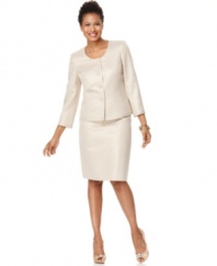 Kasper's skirt suit features luxurious details from its shimmery gold texture to jeweled buttons and scalloped trim. An elegant and sophisticated option for your next celebration.