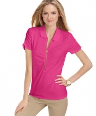 The traditionally preppy polo gets a chic edge for spring with this petite MICHAEL Michael Kors top, featuring an exposed zipper trim and ruching!