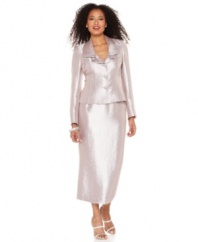 This shimmery hammered satin special occasion suit features an extra luxe look with a ruffled collar and jewel-button detail. Kasper's sleek style also features a sophisticated calf-length skirt.