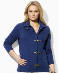 Crafted from soft French terry for stylish comfort, this plus size Lauren by Ralph Lauren jacket channels a hint of nautical inspiration with antiqued brass hardware and anchor embroidery.