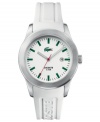 Get the iconic style you crave. This Lacoste watch features a logo-embossed white rubber strap and round stainless steel case. White dial with logo, date window and green stick indices. Quartz movement. Water resistant to 50 meters. Two-year limited warranty.