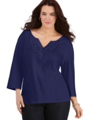 A ruffled neckline adds feminine flair to Karen Scott's three-quarter sleeve plus size top-- pair it with your go-to casual bottoms. (Clearance)