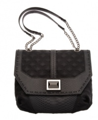 A chic quilted pattern is offset by sleek snakeskin print trim on this dramatic design by Rachel Rachel Roy. An oversized silvertone stud and shiny chain detailed straps further the rocker-chic attitude on this traffic-stopping style.