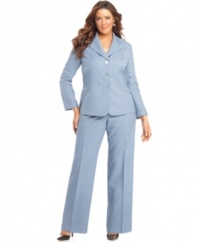 Evan Picone's plus size suit features refreshing design details, like flattering seamed panels at the sides of the waist and a hue that's just right for the season ahead.
