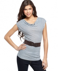 A figure-flattering belt adds punch to classic stripes on this top from BCX!