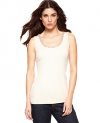 A finely ribbed tank becomes elegant and elevated with a jeweled scoop neckline. This petite style by Charter Club will add a dose of sparkle to any ensemble.