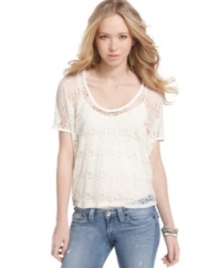 Wake up your jeans and tank uniform with this pretty lace top from American Rag that sports subtle mesh stripes throughout!