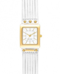 Lighten up with the golden shine of this refined and feminine Nine West watch. Crafted of white cut leather strap and square gold tone mixed metal case. White dial features gold tone applied stick indices, minute track, gold tone hour and minute hands, sweeping second hand and logo at six o'clock. Quartz movement. Limited Lifetime Warranty.