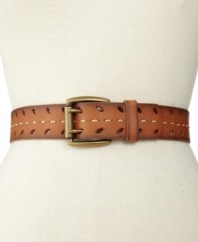Flaunt a natural look with this Fossil center-stitched belt. Finished with cut-out detail and a double-prong buckle for added edge.