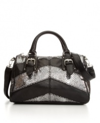 Super trendy chevron stripes and metallic hues meet classic croc on this totally chic satchel from Steve Madden.