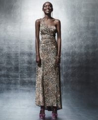 Look fierce & fashion-forward in this attention-commanding Morgan & Co. sequined & leopard-printed long gown -- chain hardware details add edge!