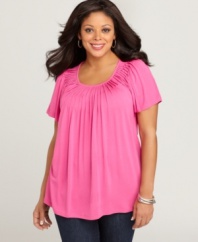 A pleated neckline lends a chic feel to Style&co.'s short sleeve plus size top-- it's an Everyday Value!