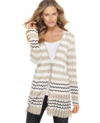 A chic patterned cardigan from Fever makes it easy to look great! The tie in front gives you a customizable fit, too.