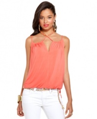 A choker-style halter neck wrapped in gold imparts urban cool to a top fit for the Hampton's! From Baby Phat.