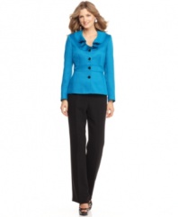 A gorgeous texture, seamed waist and ruffled neckline make Tahari by ASL's jacket stunning. The coordinating pants highlight the jewel-toned jacket hue for a petite pantsuit with panache!