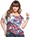 Rock a standout look with One World's butterfly sleeve plus size top, flaunting an embellished sublimated print!