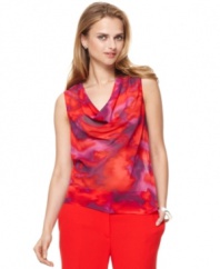 This punchy petite top from Jones New York features a vibrant mottled print that looks great with color-drenched separates.