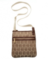 Get the look of luxe with this monogram crossbody that is ready to jet set at a moment's notice. This MICHAEL Michael Kors crossbody features 18k gold hardware, convenient exterior pockets and contrast trim.