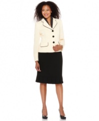 Contrasting trim and clean lines give this jacket a tailored look while a pop of polka dots from a removable scarf adds a fresh feel. Evan Picone's latest petite skirt suit is polished from top to its pretty pleated hem!