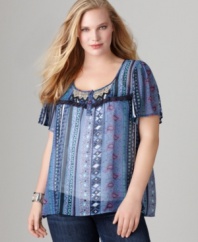 Be a sheer beauty with One World's short sleeve plus size top, accented by an embellished neckline.