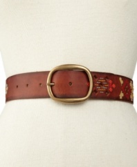 Folksy with a splash of color, this classic leather belt pairs with your weekend jeans with old-school embroidery.