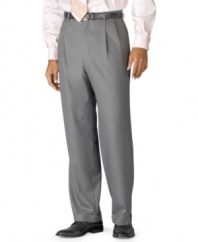A great modern dress pant that's grounded in tradition. All-season, natural stretch fabric and lining moves with you and looks great all day. Engineered stretch waistband expands up to 2 inches for comfort.  Teflon coating for stain resistance. Lined to knee. On-seam pockets. Button-through back pockets. Finished with a 1.5 cuff.