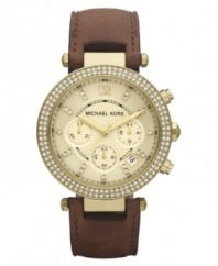 Adorned with shimmering Swarovski elements, this golden hued watch from Michael Kors brings everyday elegance.