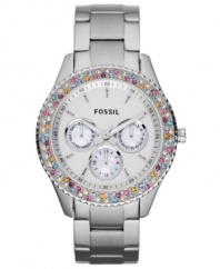 Add colorful glitz to your everyday watch! This Stella collection timepiece from Fossil is a classic steel design with bright and vibrant stones circling the dial.