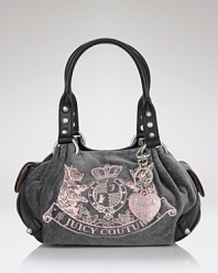 Soft velour, trimmed with leather, gets the royal treatment with a Juicy Couture crest.